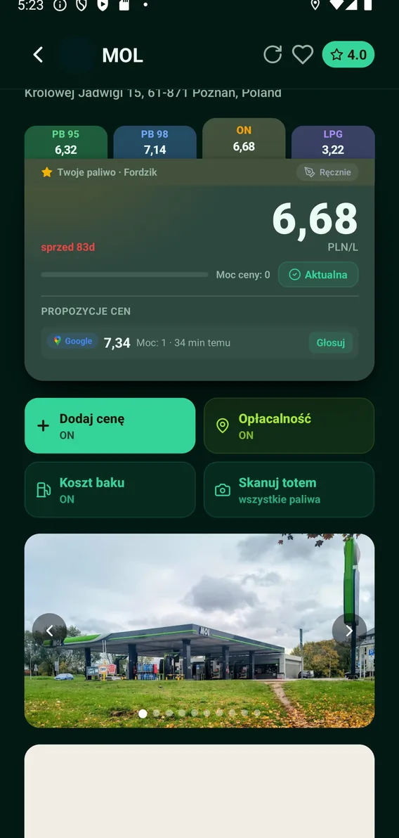 Propozycje cen dla stacji, każda z dowodem i mocą