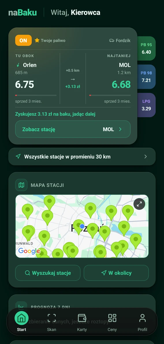 Ekran startowy Na Baku: najbliższa i najtańsza stacja obok siebie