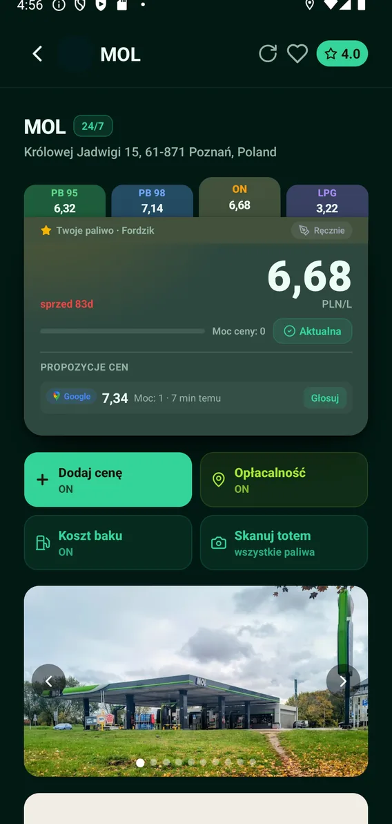 Ekran stacji: ceny PB95, PB98, ON i LPG w zakładkach